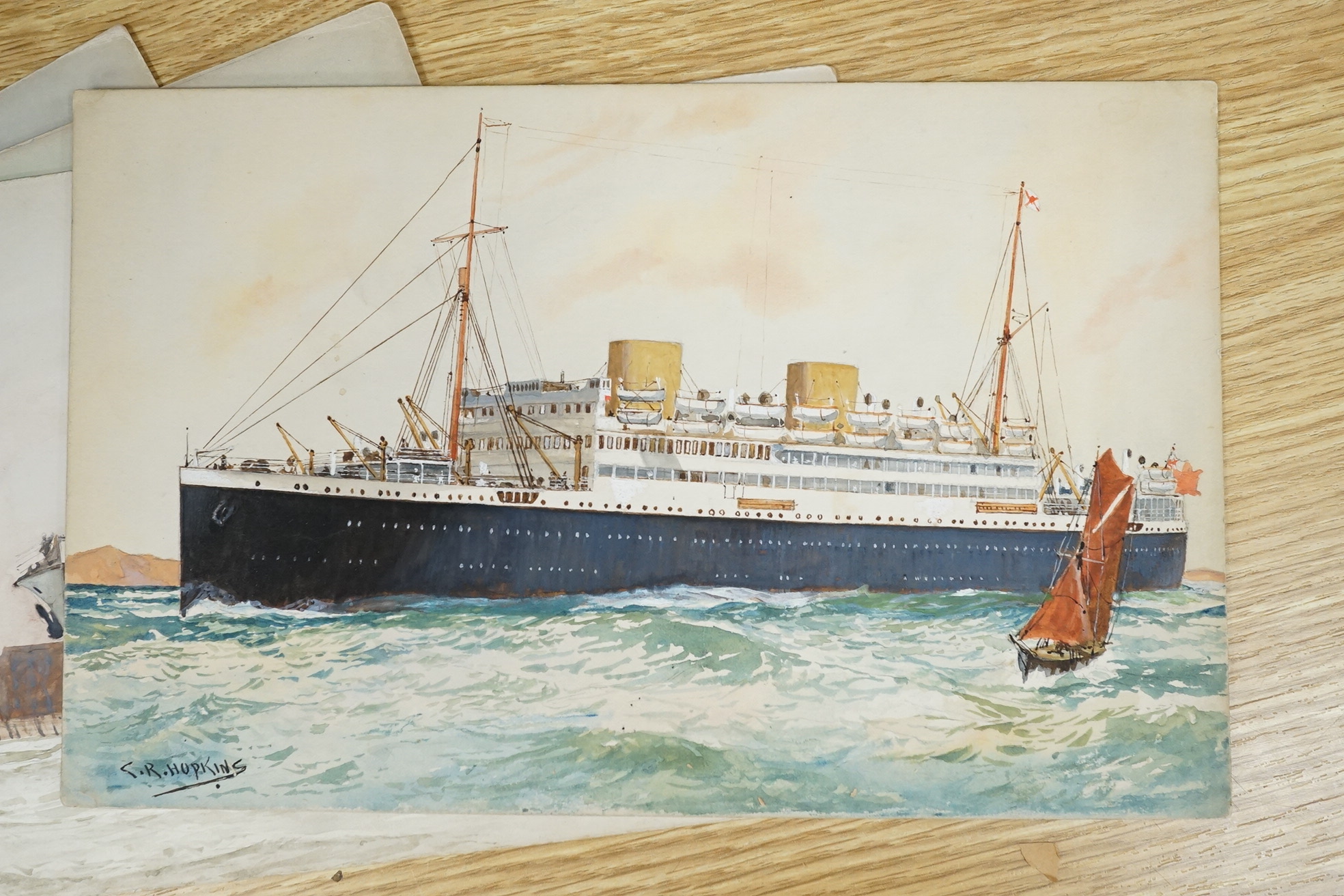 Charles R. Hopkins, set of four original watercolours for postcard designs, maritime ocean liners, to include Orient Liner on the Lower Thames, RMS Mooltan, P&O Line and RMS Asturias Royal Mail Liner, each signed, 17 x 2